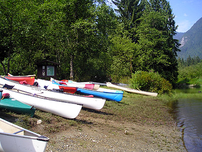 Canoes pulled out of the water near the Widgeon Creek campsite