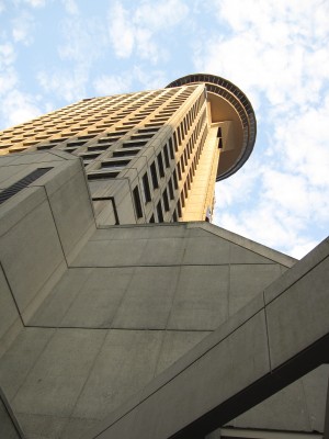 Looking up at the Vancouver Lookout at Harbour Centre from the street