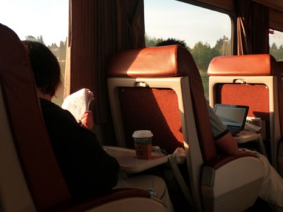 Relaxing on Amtrak - Newspapers and powerports