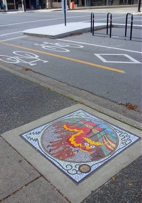 "Celebration" by Liz Calvin and others (2008). Located  by Dunsmuir St. separated bike lane just west of Hamilton St. Photo by  J. Chong 2010.