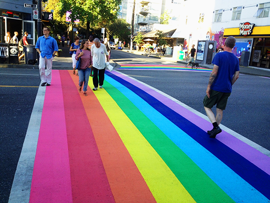 Vancouver recently painted the crosswalks at Davie/Bute Streets to display the city's diversity & pride. Photo Credit: Miranda Post