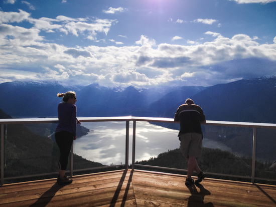 The viewing deck at the summit lodge - approximately 900 metres above sea level - looks out over Howe Sound.