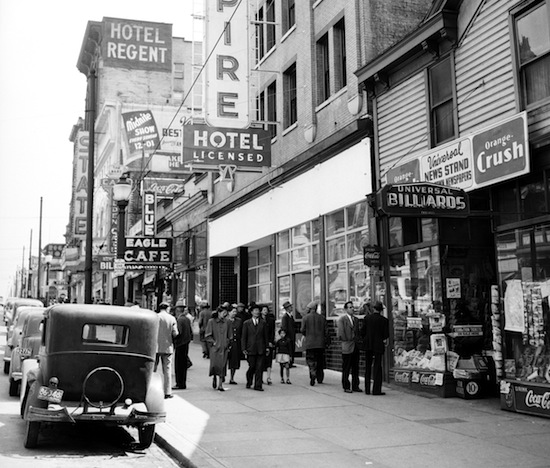 East Hastings Street 1948: The State with its wall sign proclaiming the Sunday “midnite show”—actually, Monday morning. VPL Special Collections 80617.