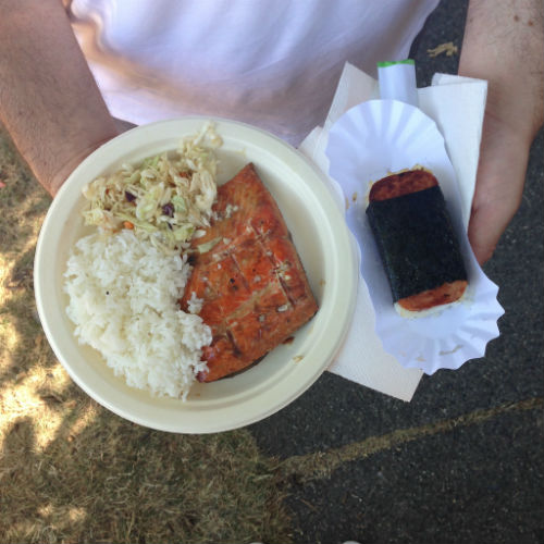 Salmon dinner (left) and Spam musubi |Photo credit Owen Cameron