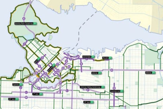 New proposed bike routes (solid purple lanes) and upgrades to existing routes (dotted purple lines). Credit: City of Vancouver