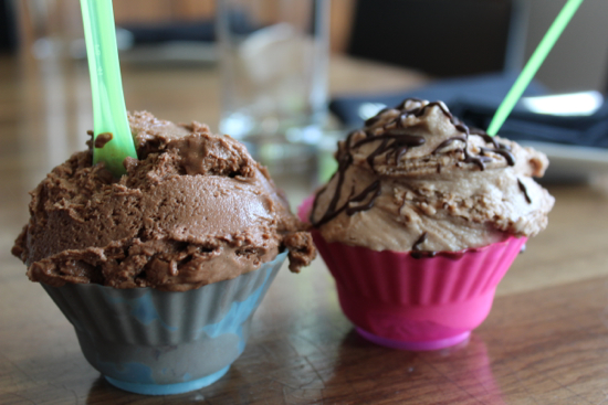 Belgian chocolate brownie gelato (left) and chocolicious buffalo milk gelato (right) - Photo Credit: Tara Lee