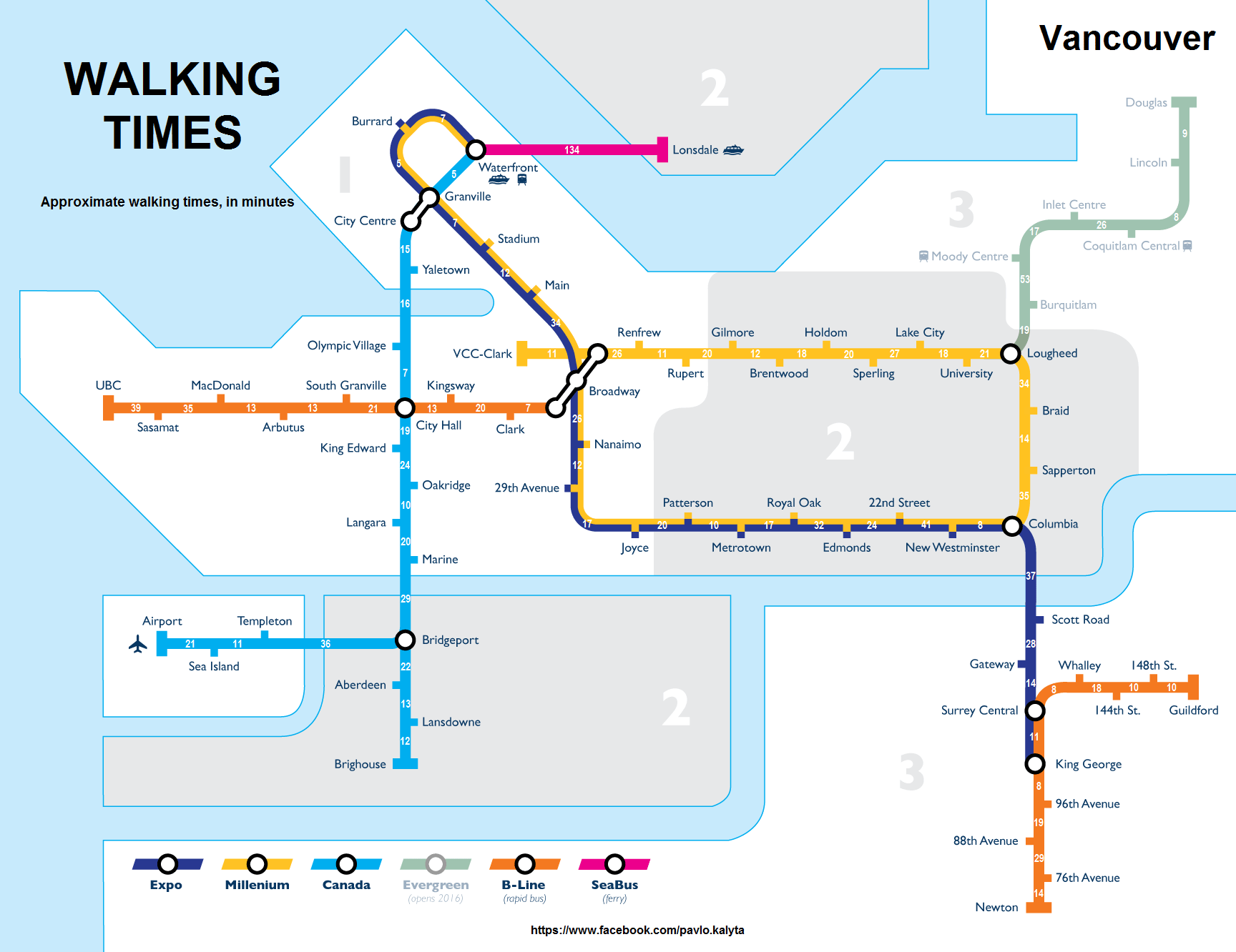 skytrain route map vancouver Vancouver Map Showing Walking Times Between Skytrain Stations And B Line Stops Inside Vancouver Bloginside Vancouver Blog skytrain route map vancouver