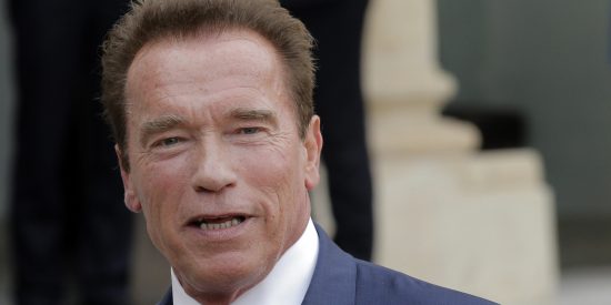 Former Governor of California and founding chair of the R20 initiative, Arnold Schwarzenegger adresses reporters after a meeting with French President Francois Hollande at the Elysee Palace in Paris, Friday, Oct. 10, 2014. The R20 is a coalition of partners led by regional governments that work to promote and implement projects that are designed to produce local economic and environmental benefits in the form of reduced energy consumption and greenhouse gas emissions, strong local economies, improved public health, and new green jobs. (AP Photo/Christophe Ena)