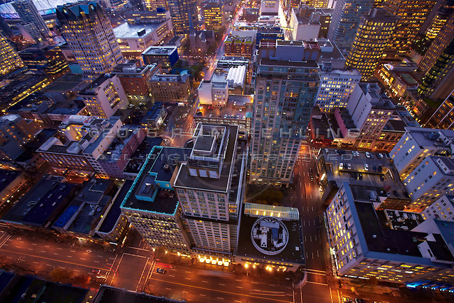 Overview of the streets of downtown Vancouver from above at dusk, with ...