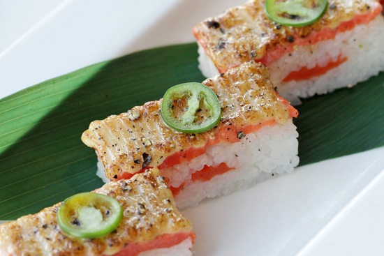 Ocean Wise sockeye salmon oshi sushi at Miku Restaurant; Sourced from Miku website