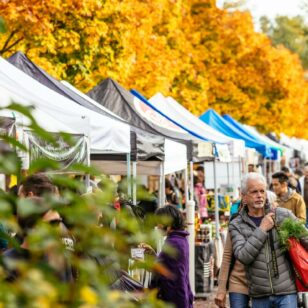 People shopping at booths at the Trout Lake Farmers Market in Vancouver