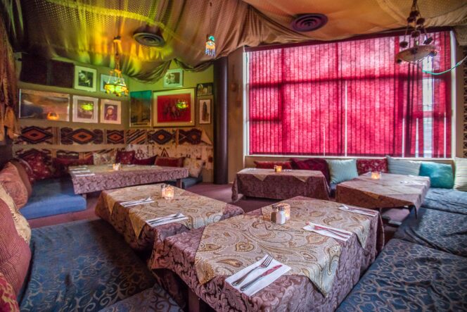 Floor pillows in the traditional dining room at the Afghan Horsemen Restaurant in Vancouver