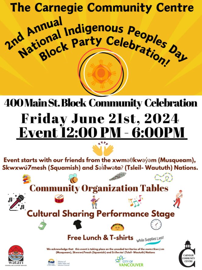 Promotional Poster for National Indigenous Peoples Block Party Celebration at the Carnegie Community Centre. 