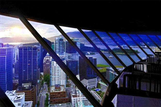 Looking out at the city through the windows in the Top of Vancouver Revolving Restaurant. 