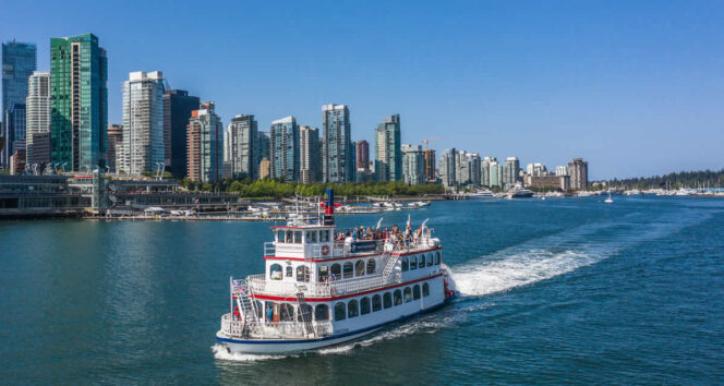 Paddlewheeler in front of the Vancouver skyline