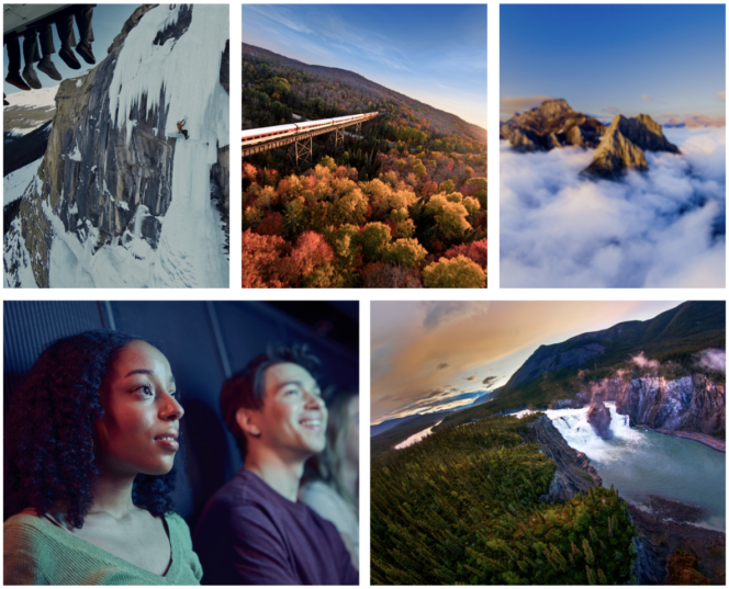 A collage of scenes from FlyOver Canada: Awaken Canada