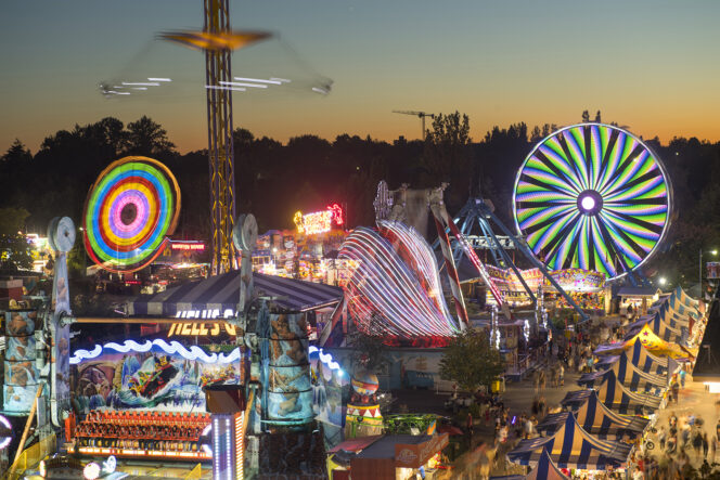 An aerial evening shot of the rides at Playland at the PNE in Vancouver. 