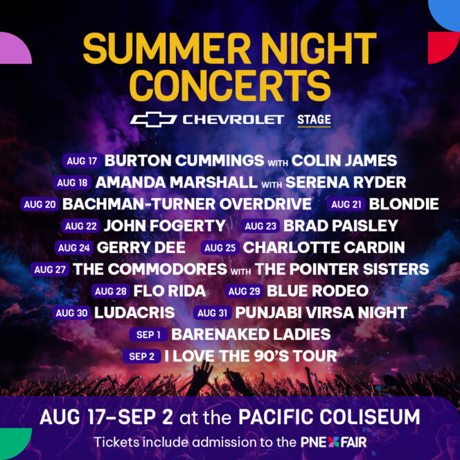 A poster showing the 2024 line up for the Summer Nights Concert series at the PNE