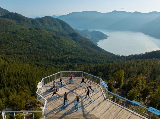 A yoga class on the deck at the Sea to Sky gondola.