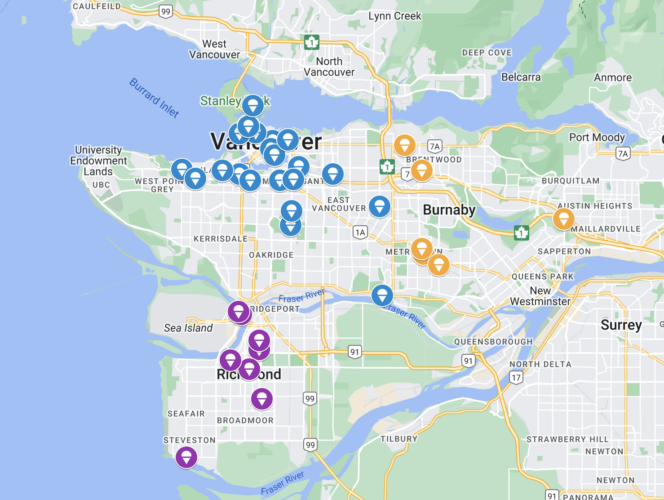 Map showing locations of participating vendors at the Vancouver Ice Cream Festival. 