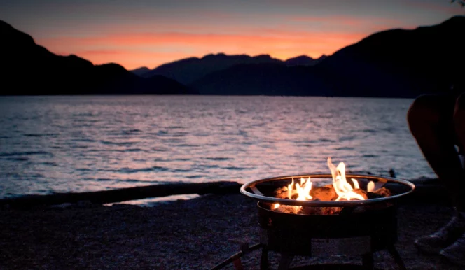 A propane fire pit on the beach at Porteau Provincial Park