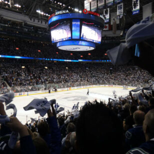 Cheering crowd at a Vancouver Canucks game.