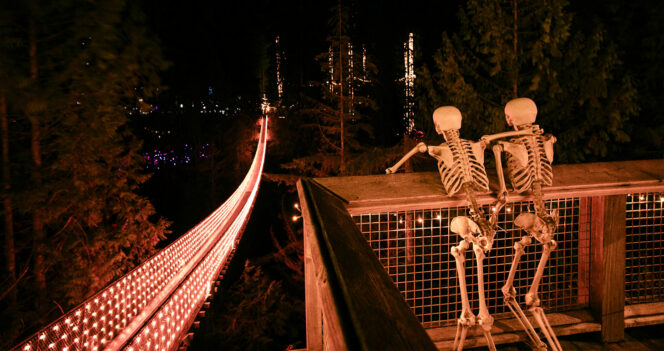 Skeleton decorations and colourful lights at the Capilano Suspension Bridge as part of the Canyon Frights event.