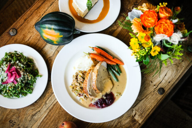 Plates with the special Thanksgiving menu from the Teahouse in Stanley Park