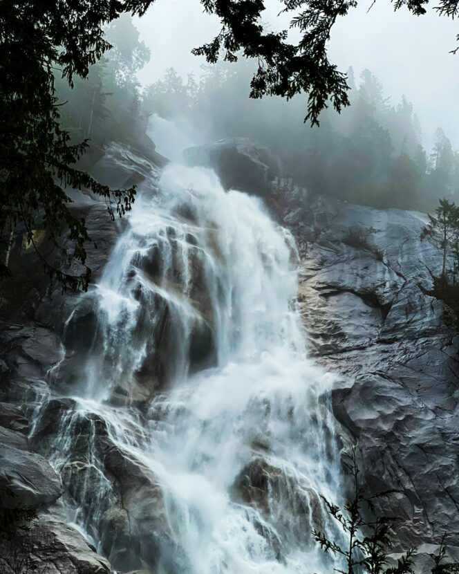 Shannon Falls in Squamish on a rainy day. 